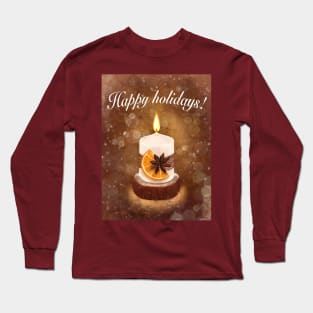 Happy Holidays greeting Burning candle among magic lights Long Sleeve T-Shirt